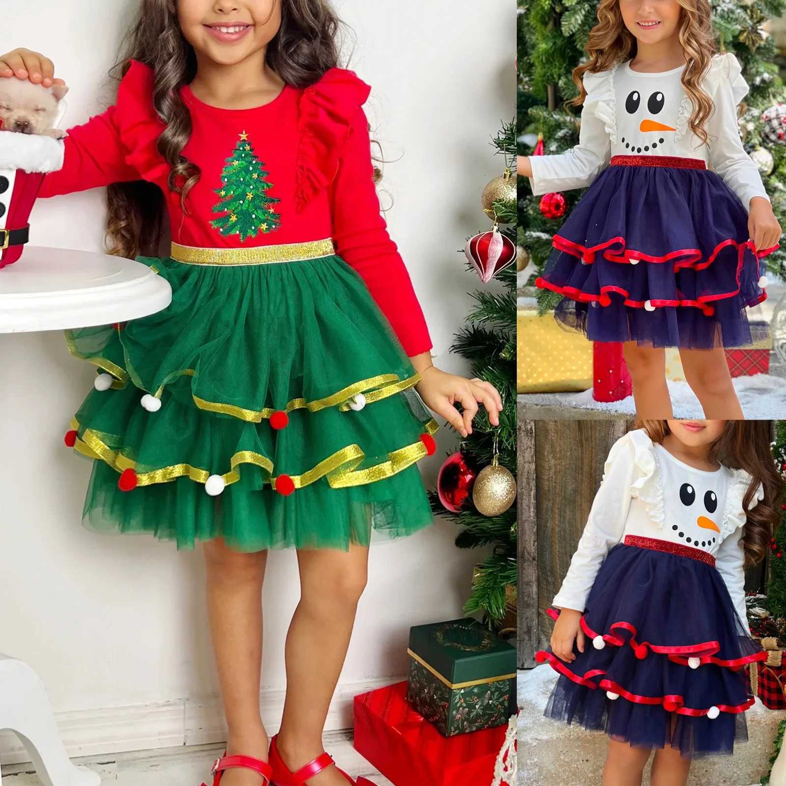 New Christmas Kids Dress Full Sleeve Cartoon Cute Ruffles Sequin Dresses Xmas Tree Printed Gift For Girls Princess Party Clothes C251105