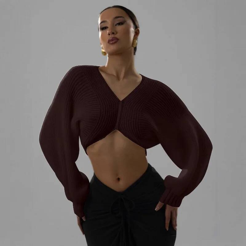 winter jacket women Knit Crop Sweater Women Y2K Lantern Sleeve Casuals Autumn Simple Classic Comfortable Elegant Basic V-Neck Loose Tops