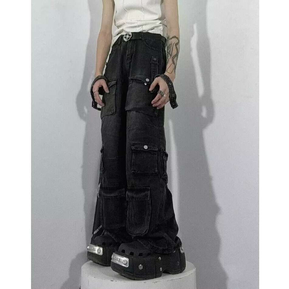 American High Street Multi-Pocket Design Sense Cargo Jeans for Men, Wide-Leg Loose Niche Washed Vintage Straight Pants