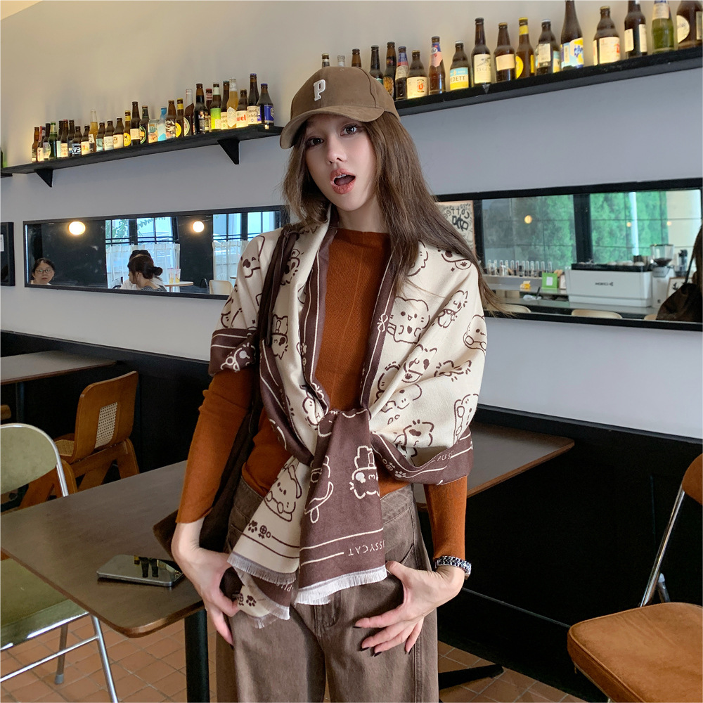 Cute Cartoon Animal Print Scarf Autumn And Winter Warm Tassel Shawl Scarf Multi Color Playful Style Imitation Cashmere Scarf