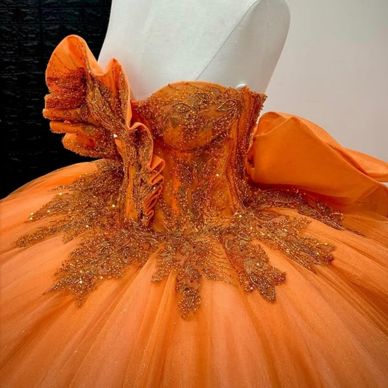 Orange Shiny Quinceanera Dresses Off The Shoulder Beading Crystal Tiered Tull Bow Party Birthday Sweet 16 Dress Vestidos 15 De Anos