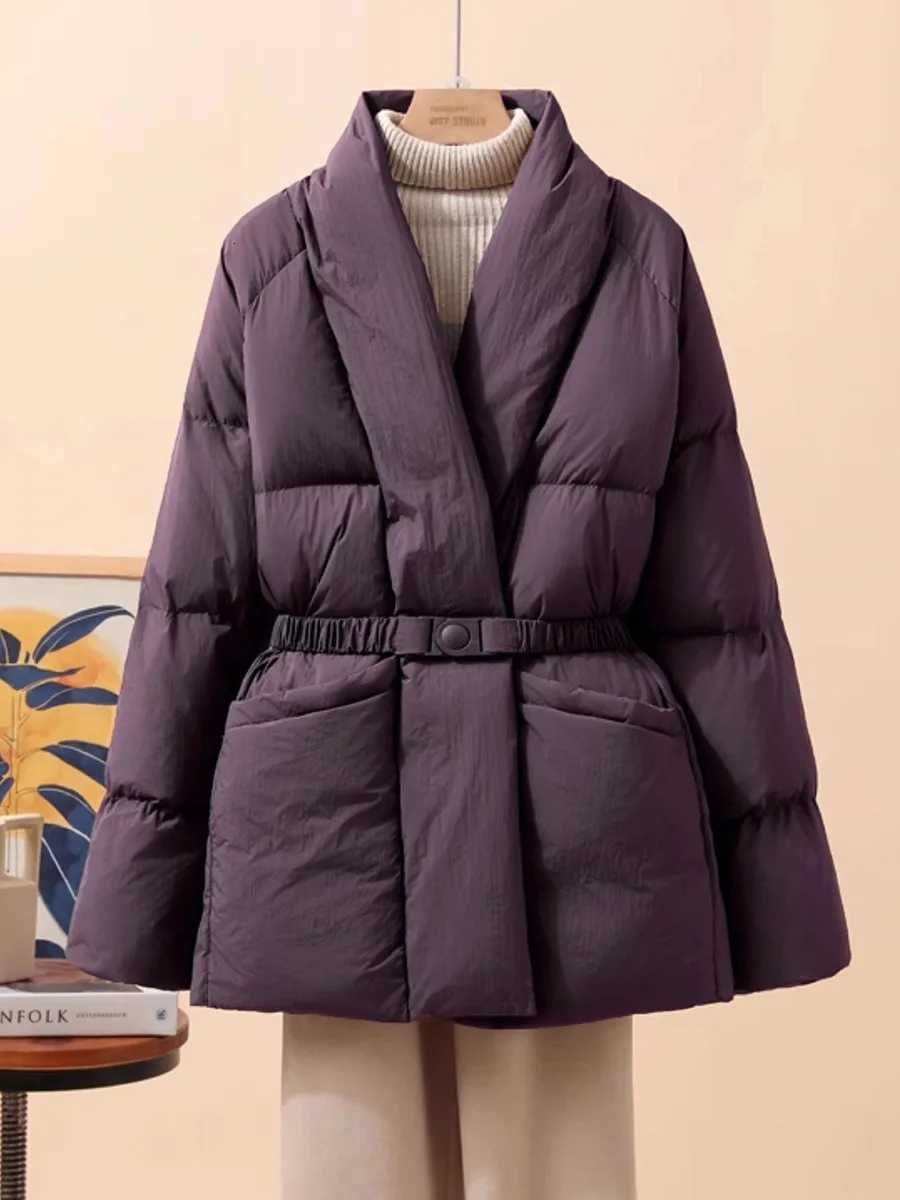 Women White Duck Down Jacket Casual Loose Belt V-neck Collar Fashion Autumn Winter Outwear Korean Style Coat 2026 NewT251105