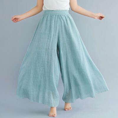 Summer New Mori Girl Artistic Plus Size Cotton Elastic Waist Linen Solid Color Ethnic Style Flared Pants Skirt B5