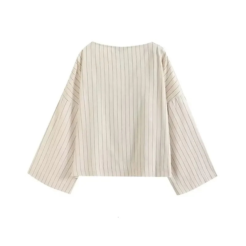Womens fashion loose linen blend shirt casual striped V-neck retro long sleeved womens shirt chic top 250402