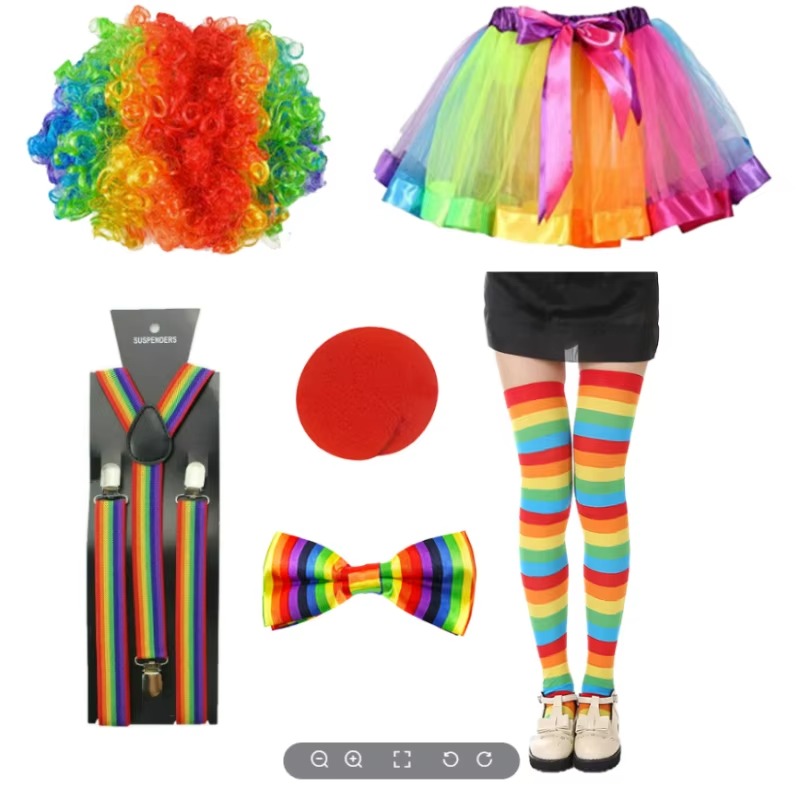 6 sets of women's clown party costumes, including wigs, chiffon skirts, bow ties, straps and other accessories for Halloween Cosplay costumes and