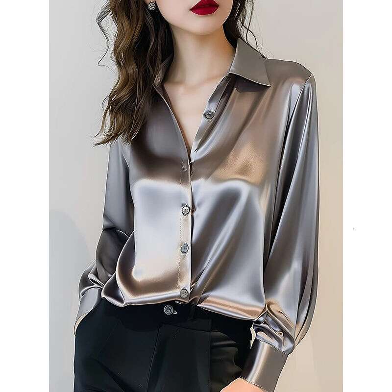 Spring And Autumn New Style Gray Acetate Satin Shirt For Women Long Sleeve Unique French Silk Professional Blouse B5