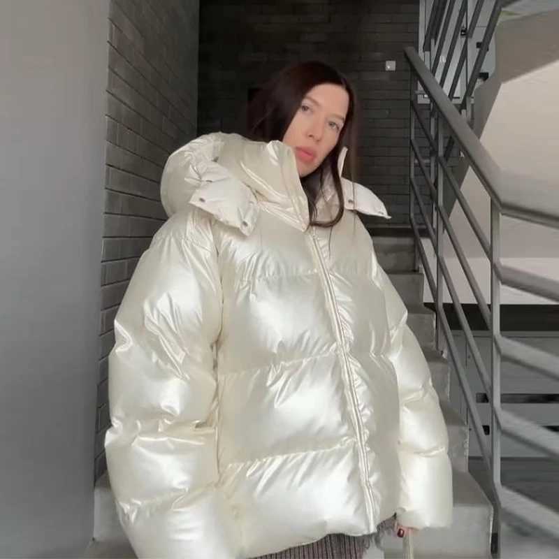 Detachable Hooded Womens Cotton Jacket lacquered Long Sleeve Zipper Pocket Female Coats Oversized Loose Casual Coats For LadiesT251105