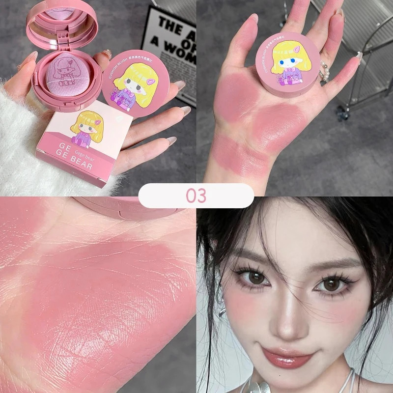 Girls air cushion powder blusher cream strawberry pink face natural matte cheek coloring rouge contour mouse and sponge puff 250325
