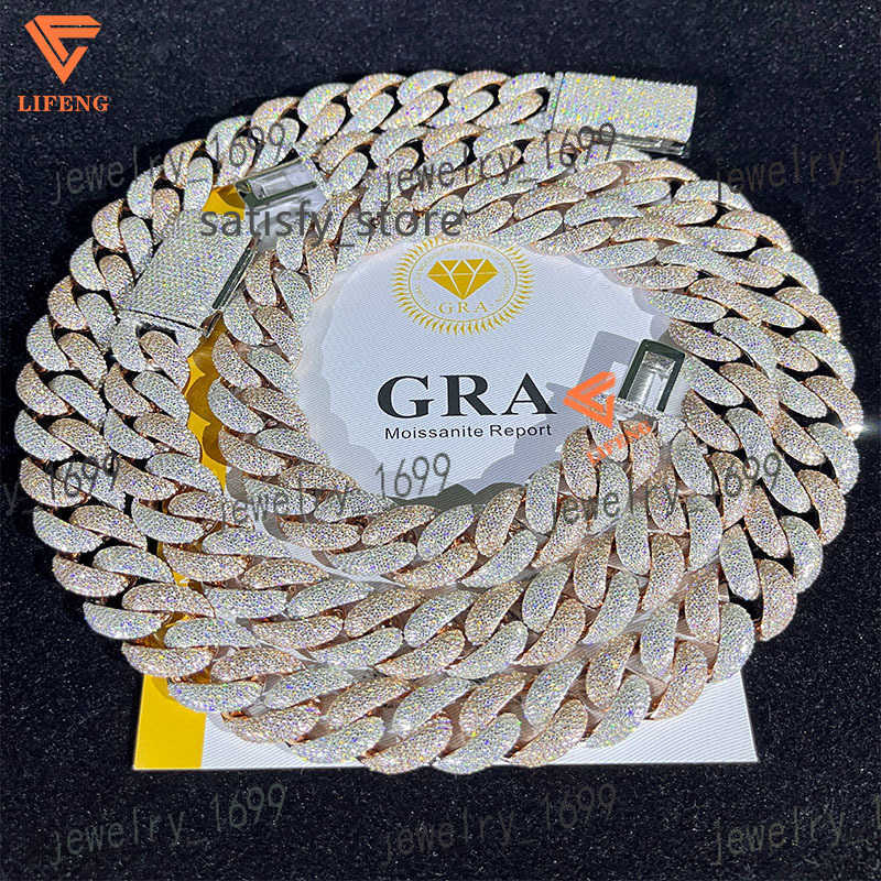 Lifeng jewelry 18mm two tone Cuban link chain VVS Moissanite bubble hiphop pass diamond tester Sterling silver cuban necklace