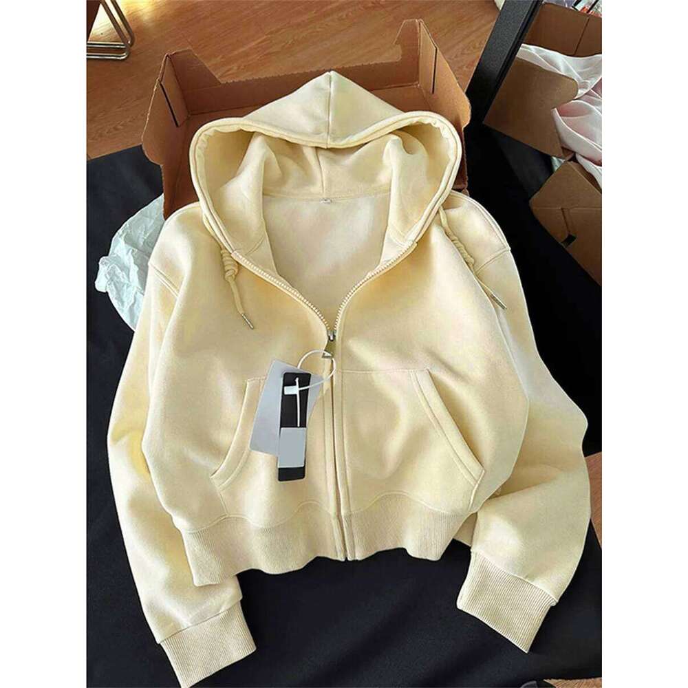 Casual Streetwear Basic Hooded Pockets Sweatshirt Tracksuit Solid Long Sleeve Hoodies Loose Autumn Spring Fashion Female Jacket