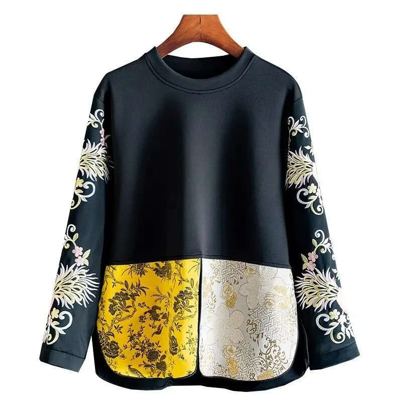 Floral Embroidered Pullover Women Long Sleeve Casual Loose Swearshirts Chinese Style Retro Buckle Tops hoodies women