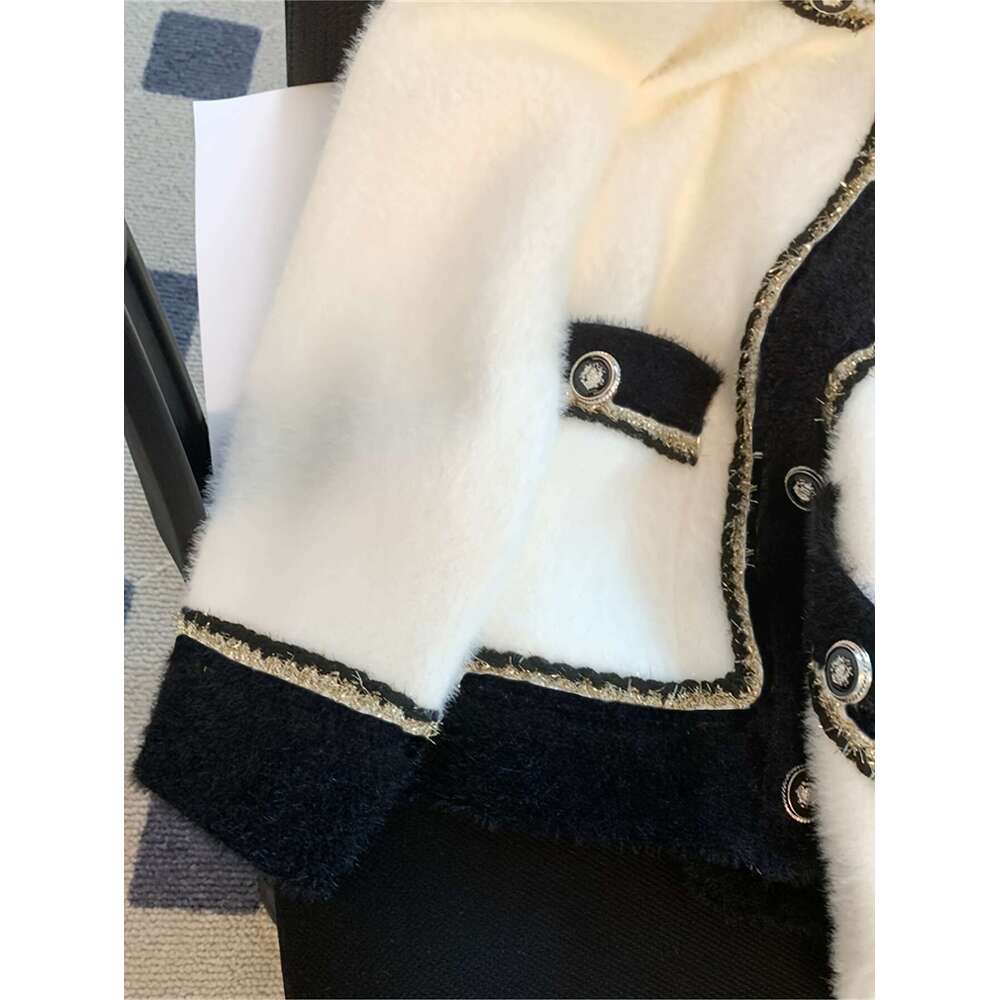 Elegant V-Neck With Button Details - Chic Faux Mulberry Fur Sweater Women, White & Black Contrast Design, Perfect For Fall/Winter, Cozy Cardigan