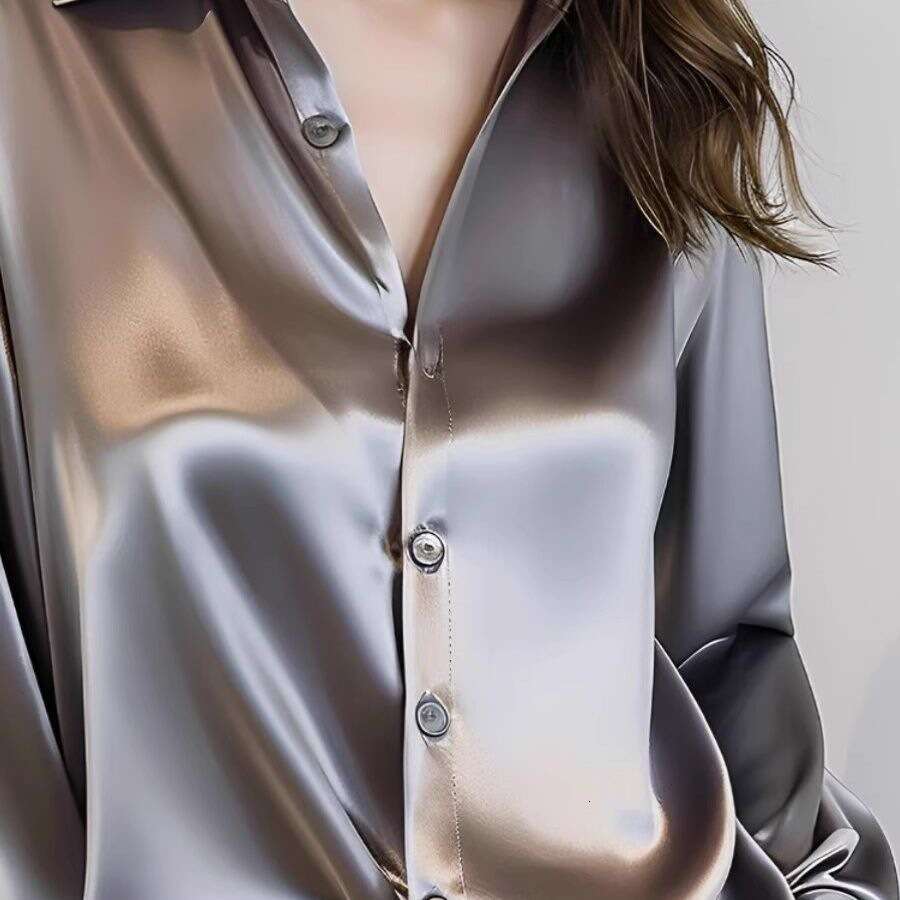 Spring And Autumn New Style Gray Acetate Satin Shirt For Women Long Sleeve Unique French Silk Professional Blouse B5