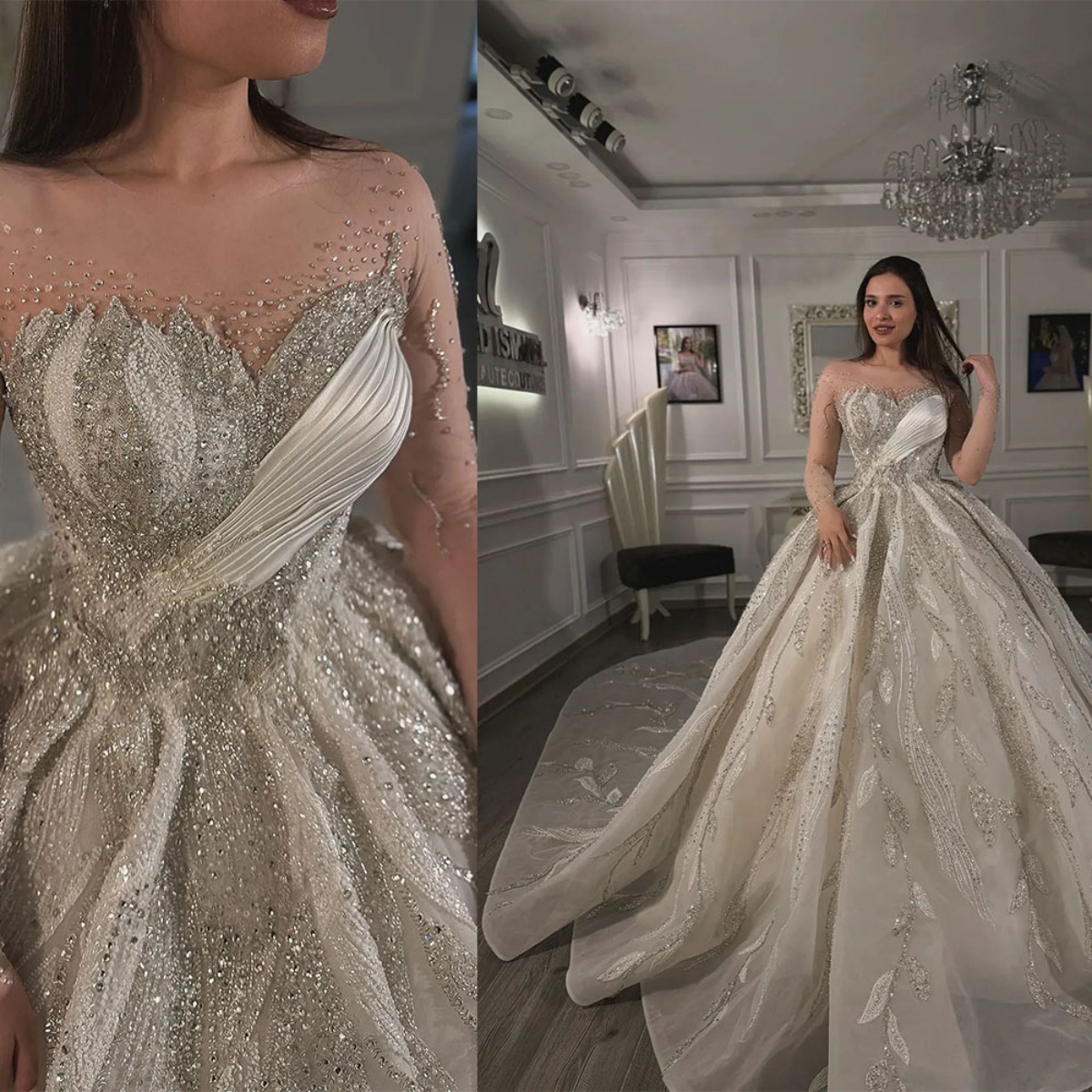 Customized Crystals Wedding Dresses Pearls Long Sleeve Women Mermaid Bridal Dresses With Detachable Train Dubai Arabic