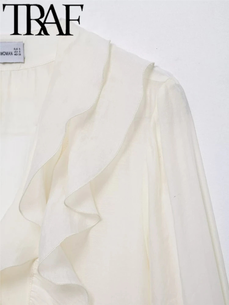 TRAF ROBE Y2K Lightweight Women Casual Blouse 2025 Summer Semi Sheer Tierred Ruffles V Neck Long Sleeve Fitted Shirt Female Top 250402