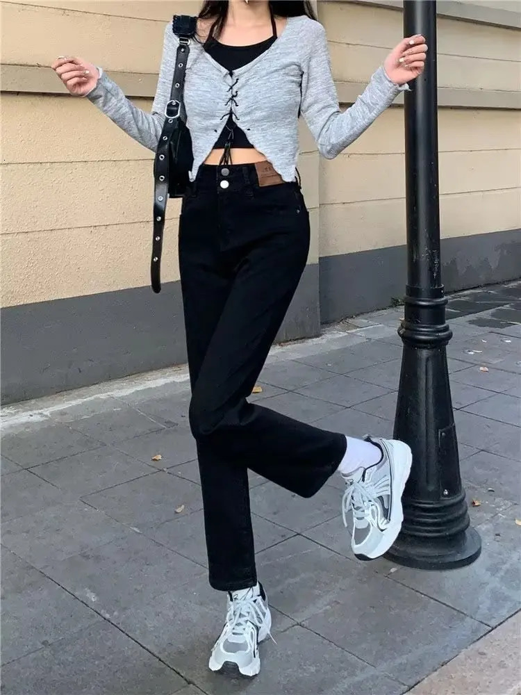 Spring and summer retro high waist slimming wide leg pants jeans Korean style straight 250403