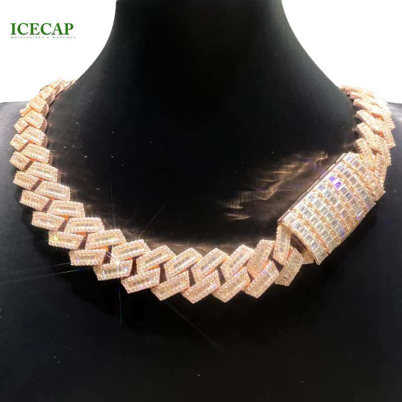 Heavy Solid 925 Silver Rose Gold Trapezoid Cuban Chain Necklace Moissanite Diamond Bracelet for Rapper HipHop Cuban Link Chain