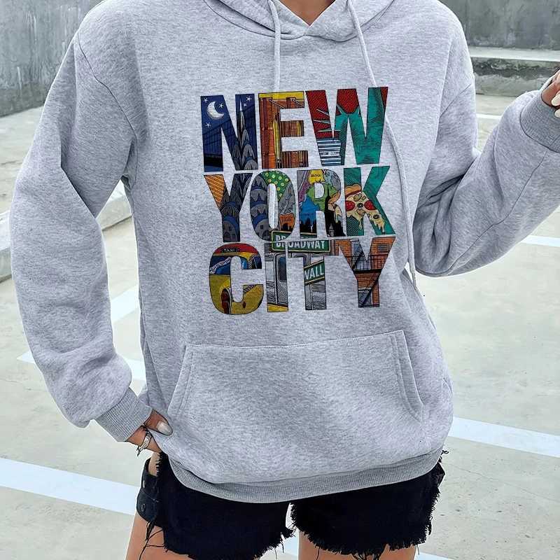 New York City Design Print Long Sleeve Sweatshirt 90s Casual Y2k Streetwear Clothes Womens Fall Winter Kangaroo Pocket HoodiesT251105