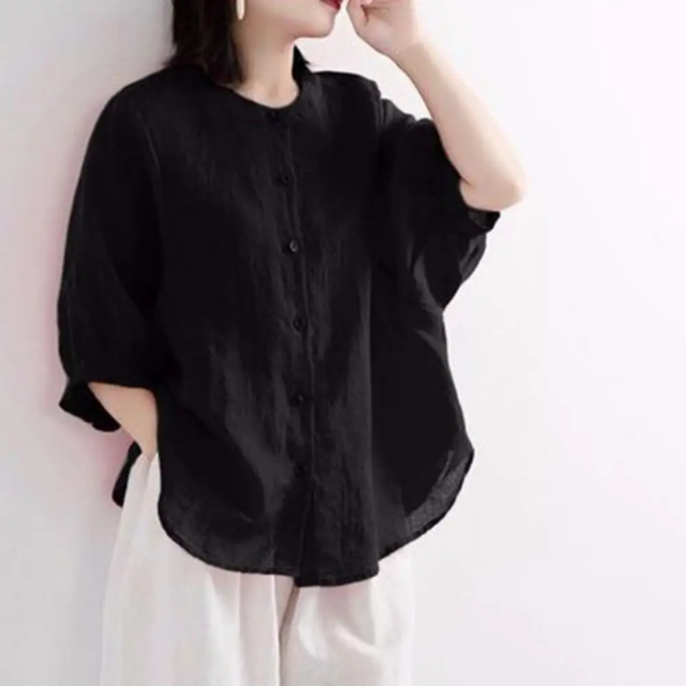 Women Shirt Retro Half Lantern Sleeves Ruffle Cuffs O Neck Summer Linen Shirts Ladies Loose Female Sweatshirt Top Casual Blouse 250402