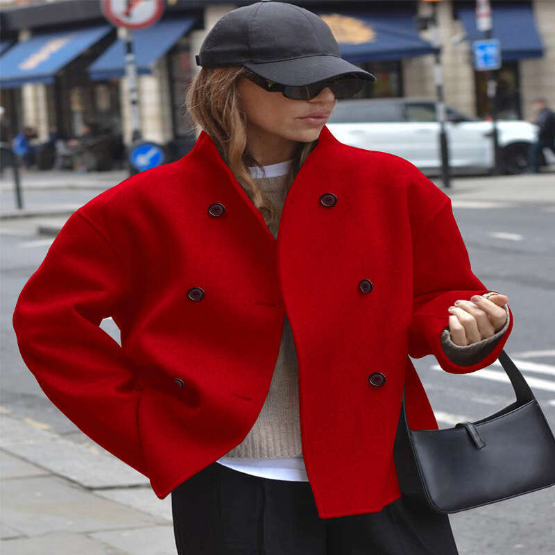 European Size Cross-Border In-Stock Double-Breasted Solid Color Wool Coat Casual Elegant British Style Versatile Women's Top