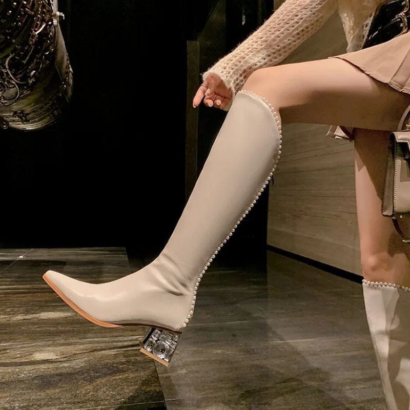 Black White Cowhide Pearl Edge Retro Knee High Boots Autumn Winter 55cm Low Heel Commuting Shopping Fashion Warm Long Boots 251031