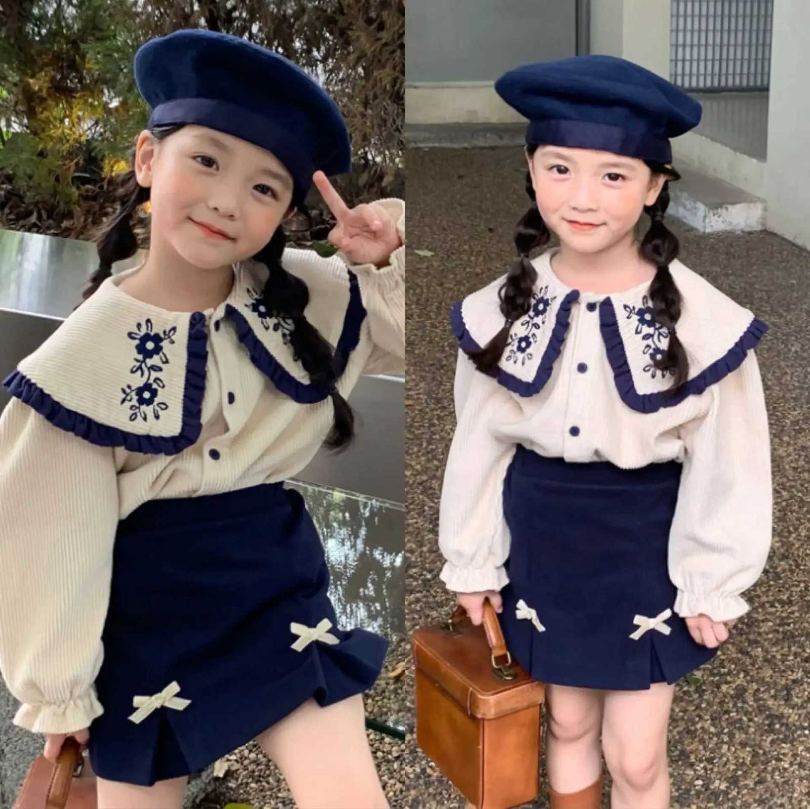 Childrens Sets Floral Embroidered Girls 2-Piece Set Lapel Shirt Skirt Outfit Baby Kids Clothing Cute Toddler Spring Set Y251105