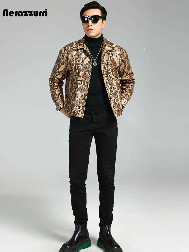 Nerazzurri Autumn Short Handsome Cool Colorful Snakeskin Print Pu Leather Jacket Men Luxury European Style Clothes 2023 EU Size C251105