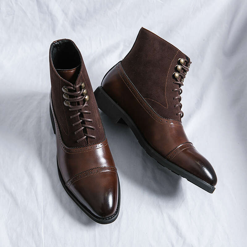 High cut business mid length leather boots, oversized personalized color polished men's shoes, autumn and winter fashionable formal attire pointe