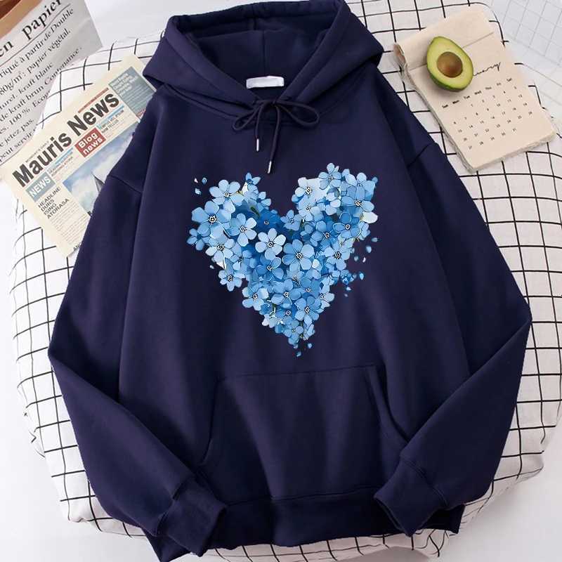 Womens Gothic Streetwear Clothes 90s Casual Sweatshirts Graphic Y2k Hooded Blue Floral Heart Printed Kangaroo Pocket HoodiesT251105