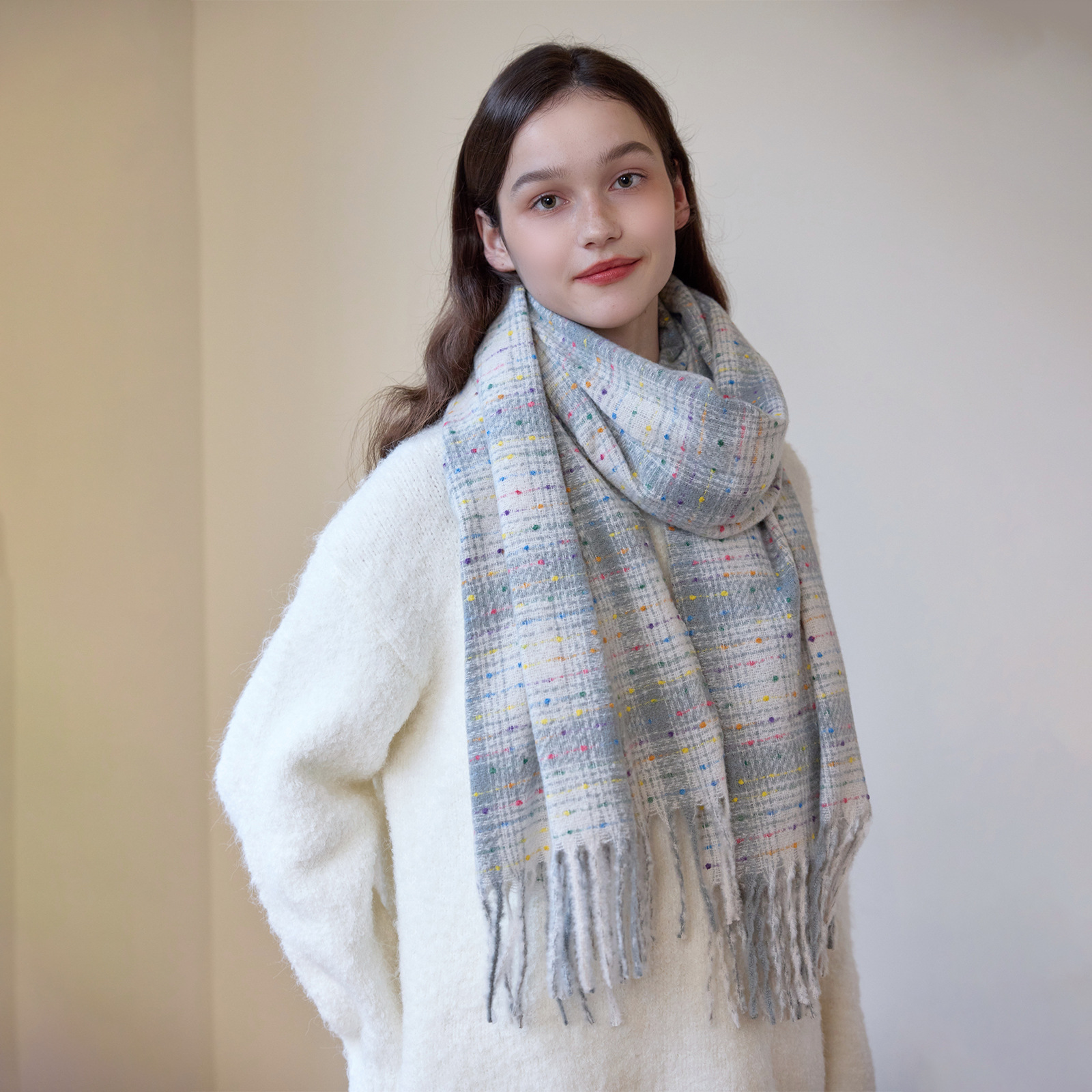 K314 Galaxy Colored Sugar Beans Korean Retro Cashmere Plaid Scarf Women Winter Whitening Soft Glutinous Warm Couple Neck Scarf