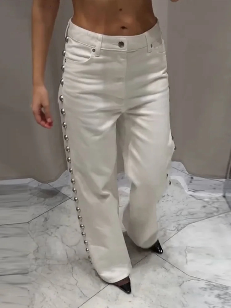 Street bead jeans for women fashionable Midi waist wide leg floor length springsummer fashion womens pants 250403
