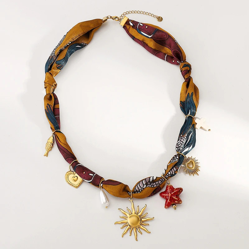 Stainless Steel Sun Many Charm Ribbon Necklace for Women Colorful Starfish Pearl Collarbone Chain Beach Vacation Accessory Gift 251031