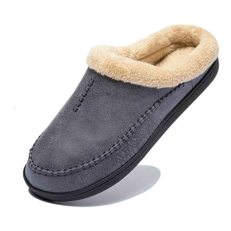 Mens Furry Slippers Non-Slip Loafers Cotton Shoes Semi-Warm Closed-Toe Memory Foam Indoor Home Use Large
