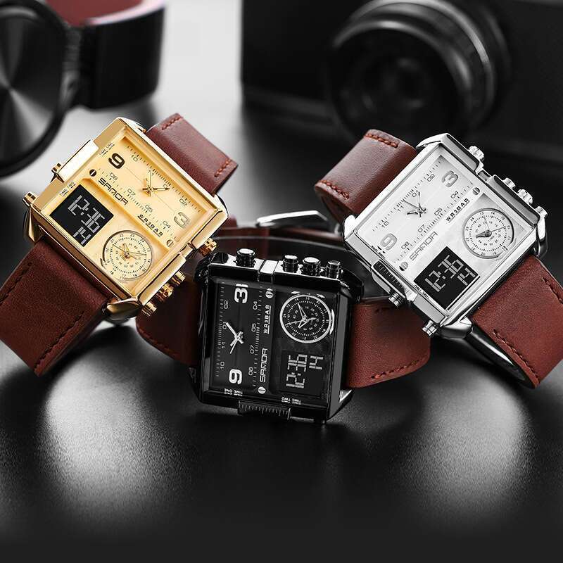 DHwatches Sanda Fashion Casual Men's Multifunctional Waterproof Genuine Leather Strap Electronic Watch Square Personality Large Dial