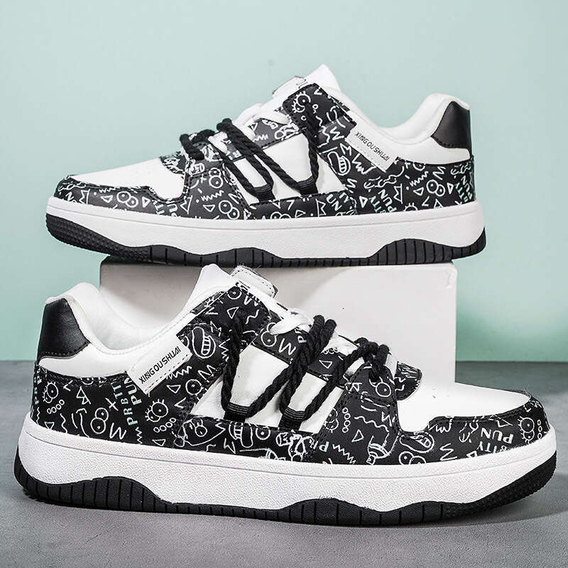 Large sized student color blocked board low cut lace up casual white shoes, Korean version leather face trendy single shoes H22