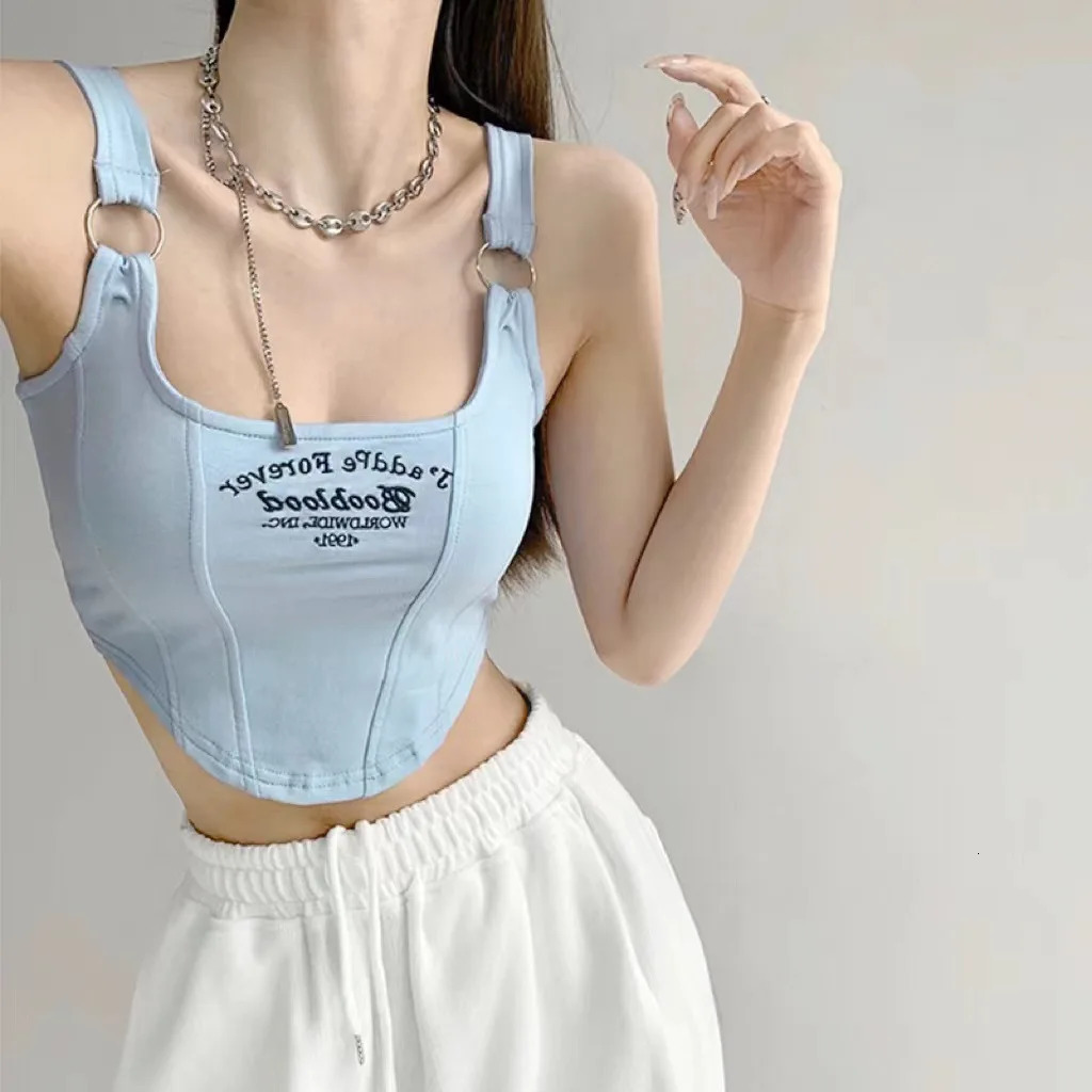 Striped bra pad sexy vest Y2K solid color short sleeved womens T-shirt vest exposed vest sleeveless exposed vest 250403