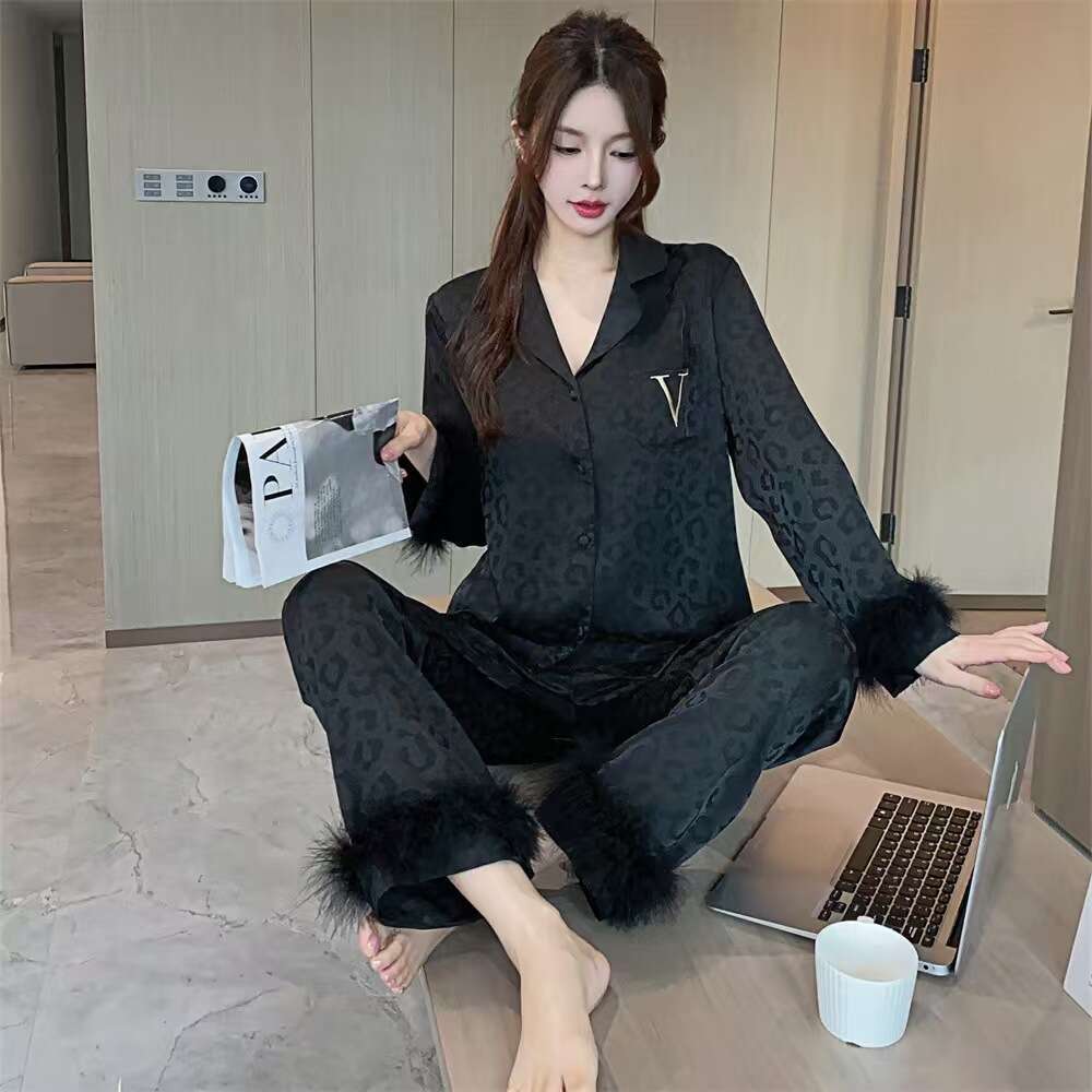 Women's Pajamas Spring and Autumn Ice Silk Plus Size Cardigan New High-end Light Luxury Feather Long Sleeve Homewear Two-piece Pyjamas Set