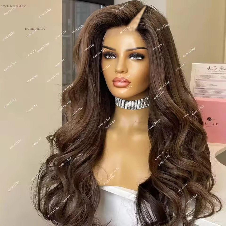 Brown blonde body wave ombre v part human hair wig glueless brown highlight blonde hairpiece wig for white women