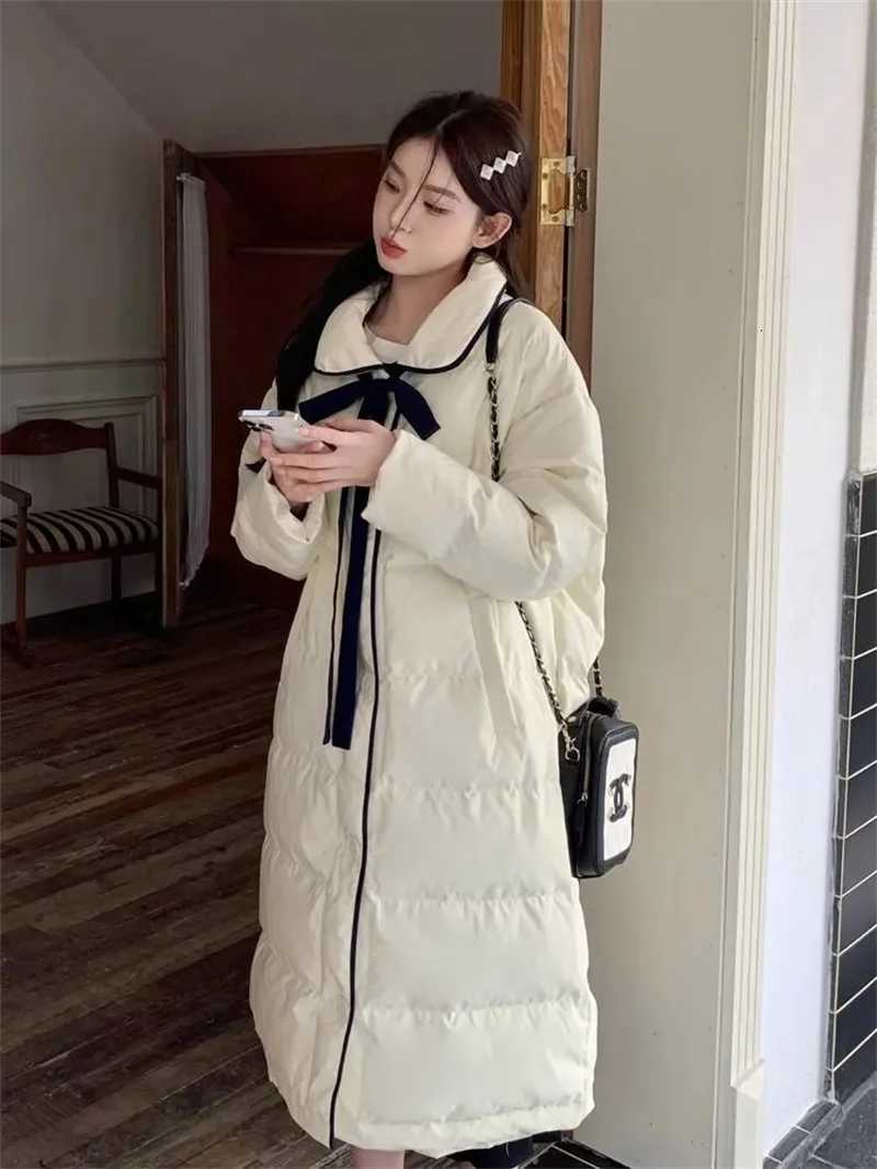 Milk FuFu White Down Jacket Womens Korean Sweet Thick Medium Long White Duck Down Jacket 2025 Winter New Style Black And WhiteT251105