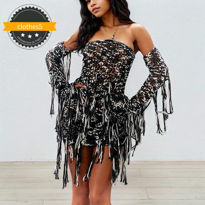 Trendy Two-Piece Set Female Midriff-Baring Contrast Color Halter Tops Fashion Tassel A-E Short Skirts For Women 33A3899