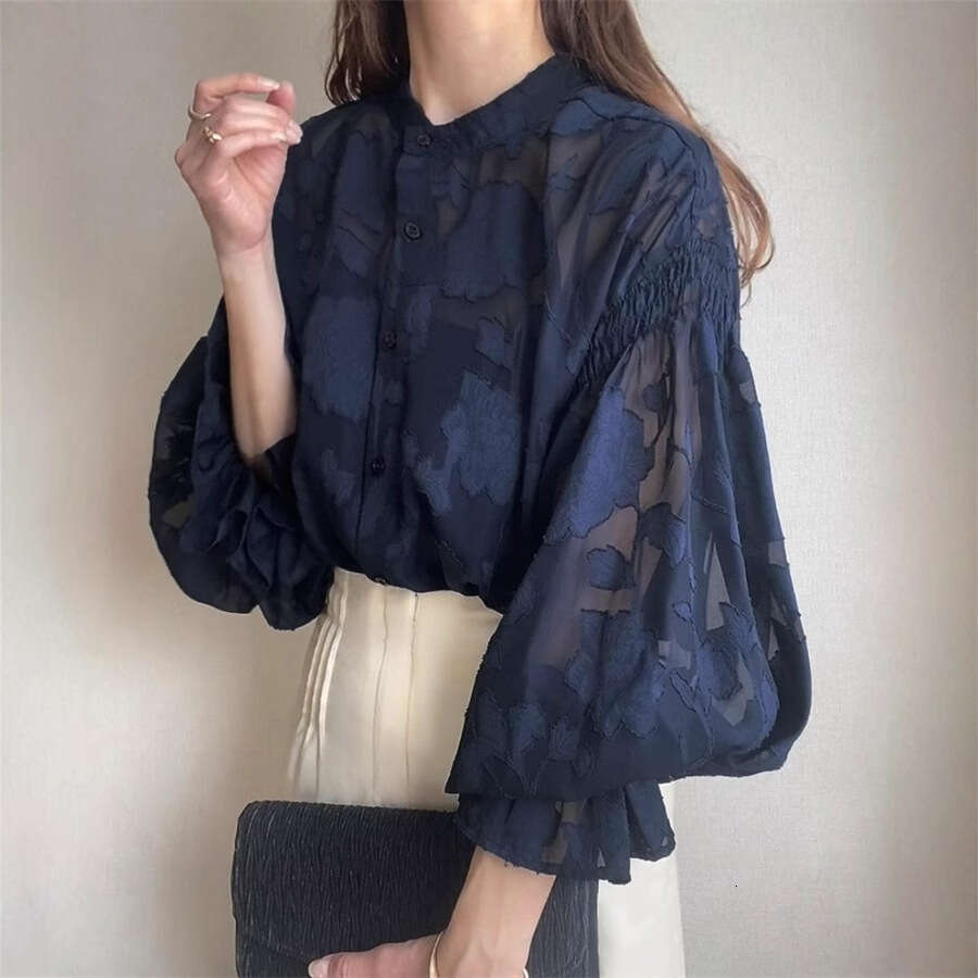 Japan Rakuten Summer New Floral Jacquard Lantern Sleeve Transparent Shirt B5