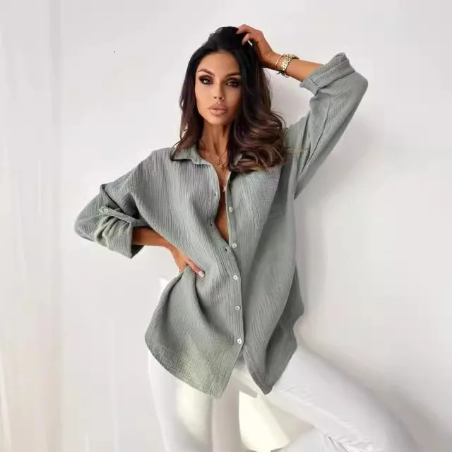 Shirts For Women Simple Long-sleeved V-neck Button-down Shirts For Women Solid Color Cotton And Linen Shirts For Women 250402