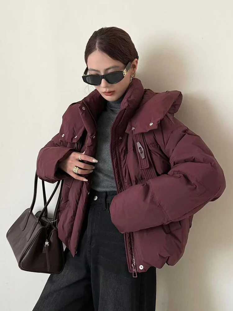 Winter Short Hooded Warm Down Jacket Female Zipper Solid Loose Quilted Jacket Women White Duck Down Thick Fluffy Parker OutwearsT251105