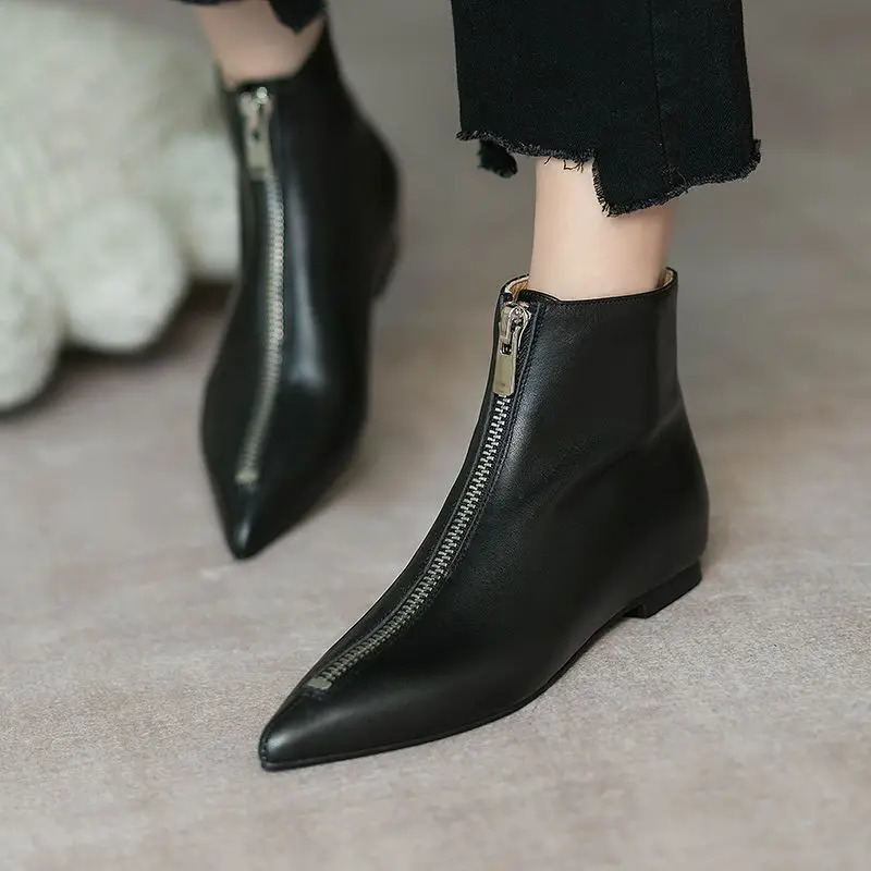 Leather Flat Short Shoes For Women Work Booties Black Footwear Female Ankle Boots Pointed Toe On Promotion Sale Comfortable P 251104