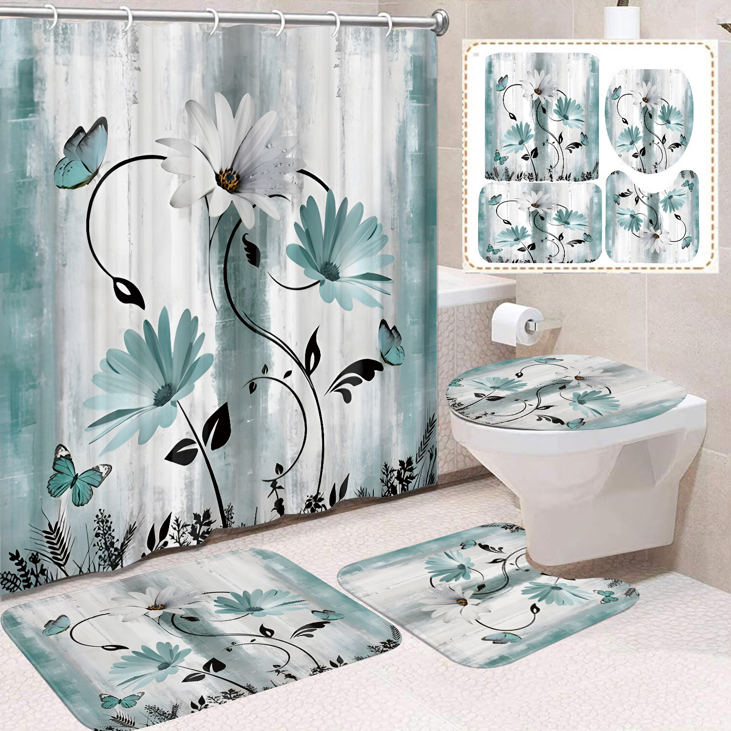 YL-37630 Watercolor Butterfly Daisy Bathroom Shower Curtain Toilet Partition Curtain No-Drill Curtain Shower Curtain