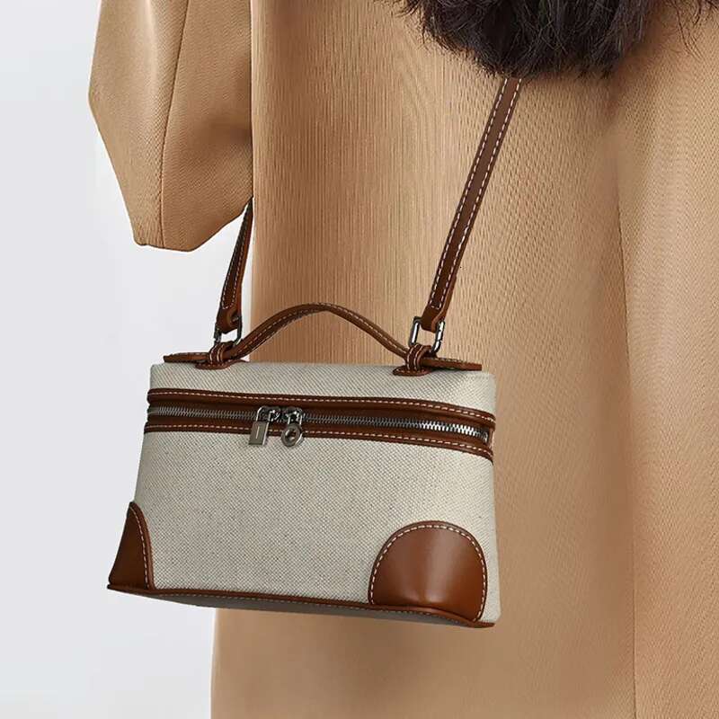 UWUW Women's Small Square Box 2025 Fashion Canvas Patchwork Leather Double Zipper Crossbody Single Bag High Quality