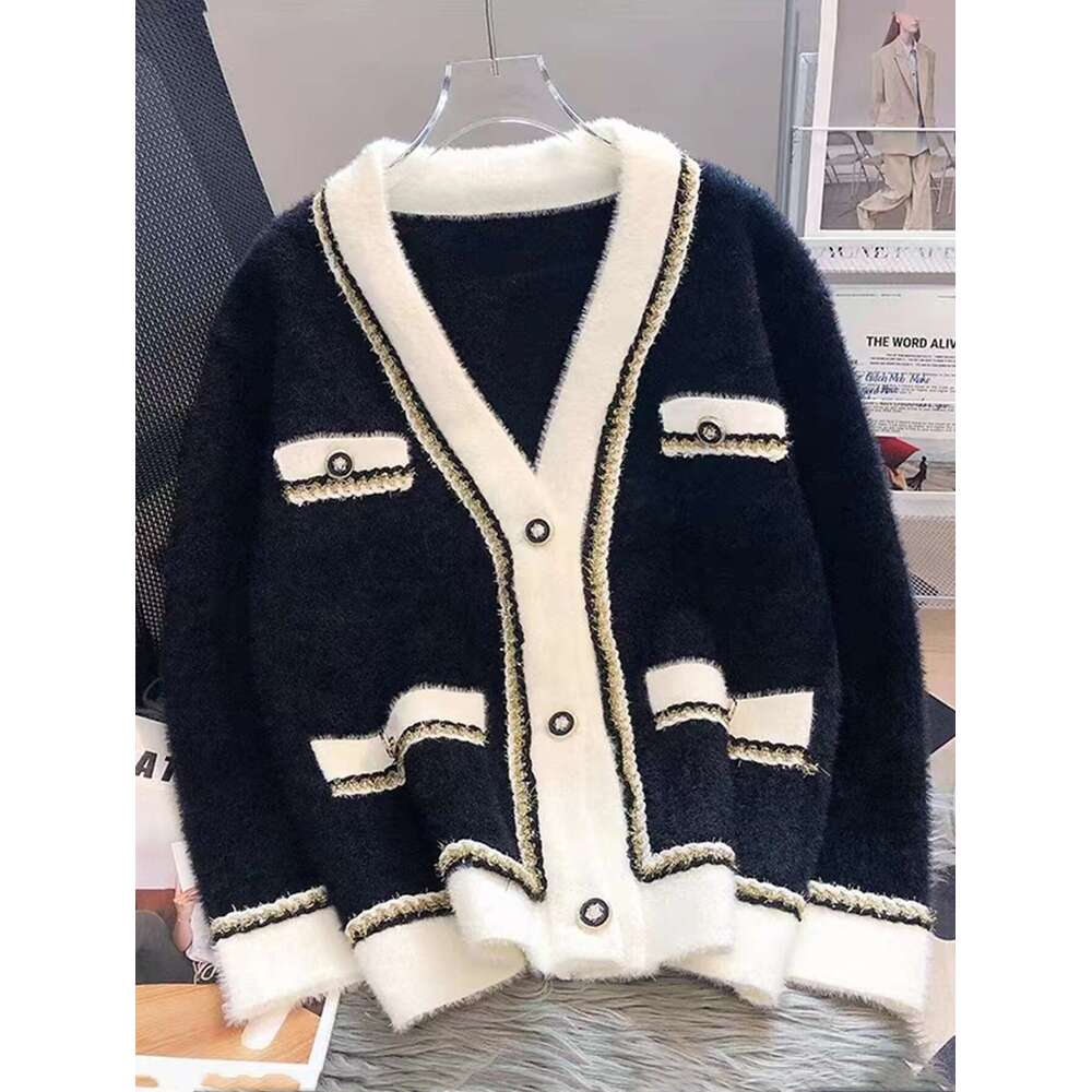 Elegant V-Neck With Button Details - Chic Faux Mulberry Fur Sweater Women, White & Black Contrast Design, Perfect For Fall/Winter, Cozy Cardigan