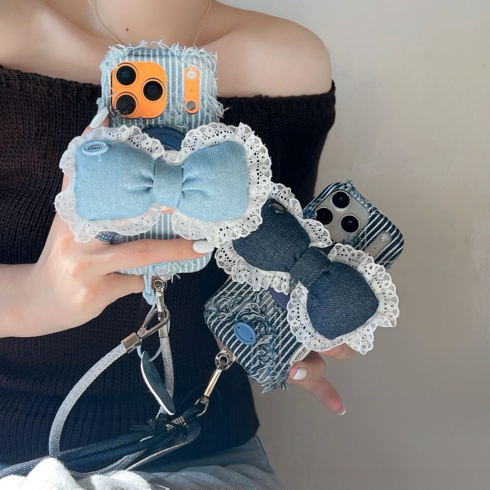 Denim Irregular Striped Bow Stand Phone Case Compatible with iPhone 17/16 Pro iPhone 15 Cartoon 14