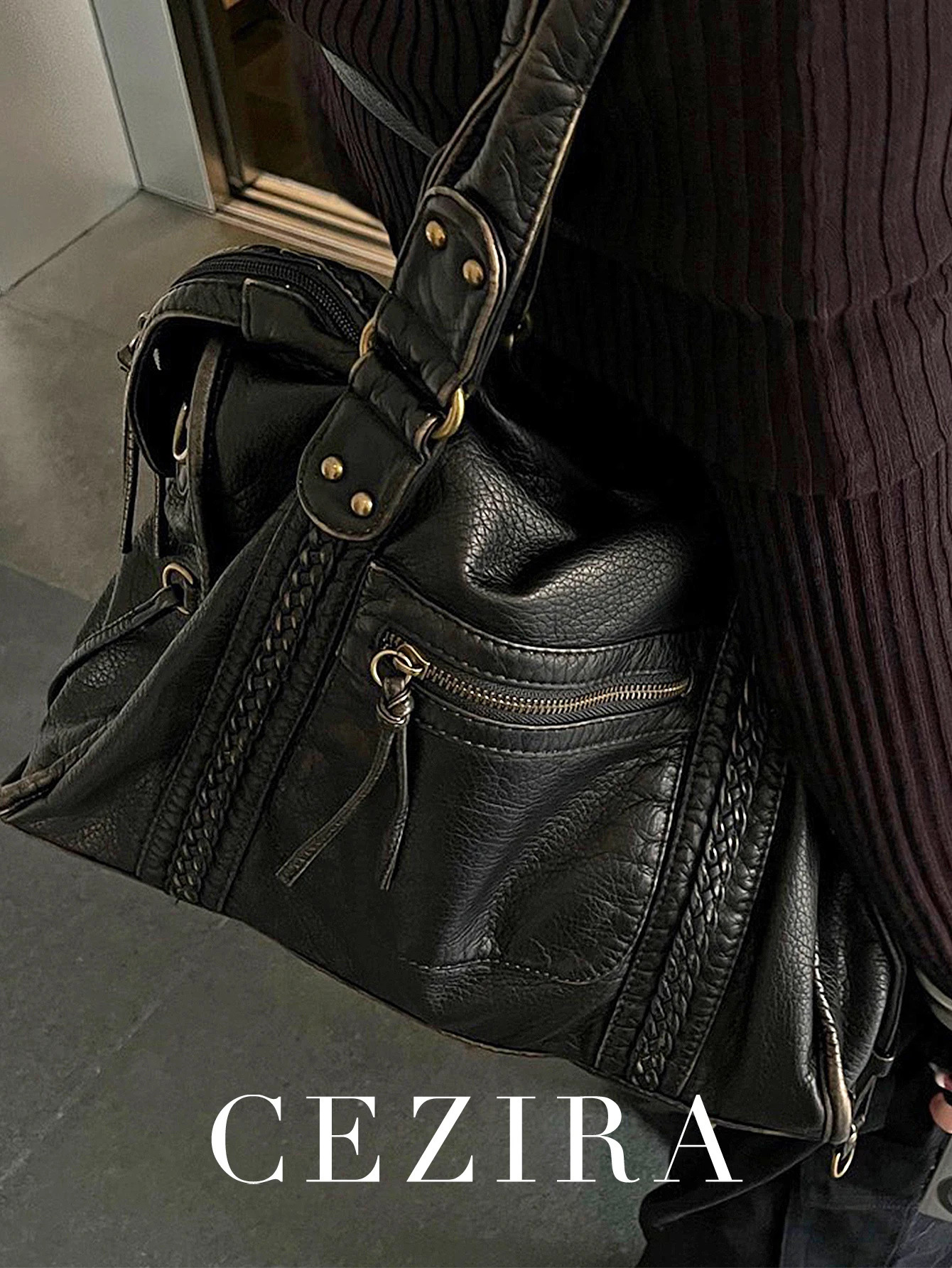 Vintage Washed PU Leather Large Capacity Tote Zip Pockets Braid Decor Shoulder Cross body Bag Unisex Women Daily Travel Handbag 251031