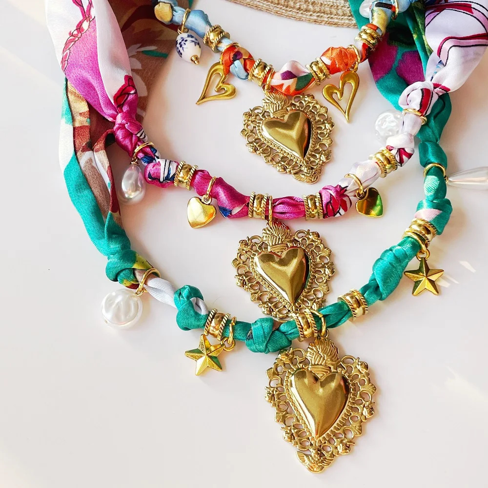 Soft Bandana Necklace with Gold Plated Heart Flower Sun Pendant for Women Girls Stackable Jewelry 251031